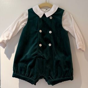 Luli & me Green Velvet Baby Romper with White Collar